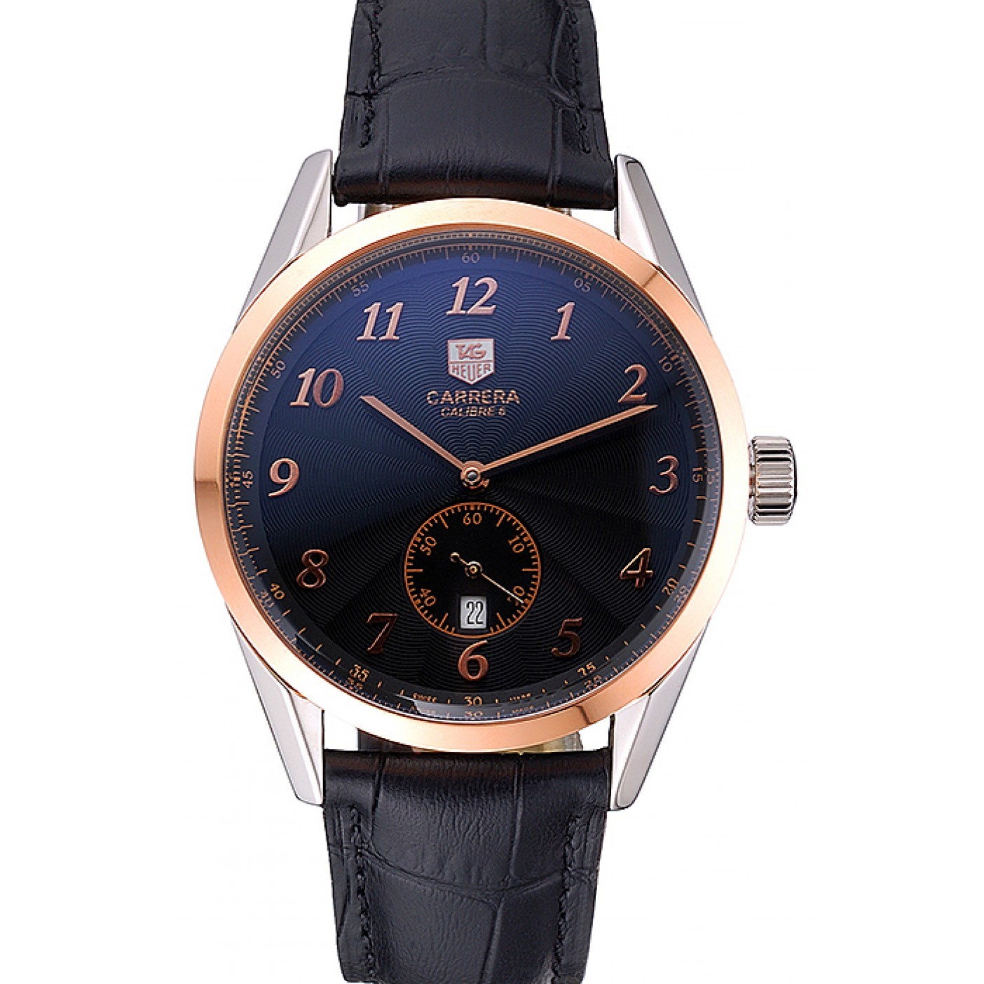 Tag Heuer Carerra Calibre 6 Black Dial Rose Gold Black Leather Band 622163